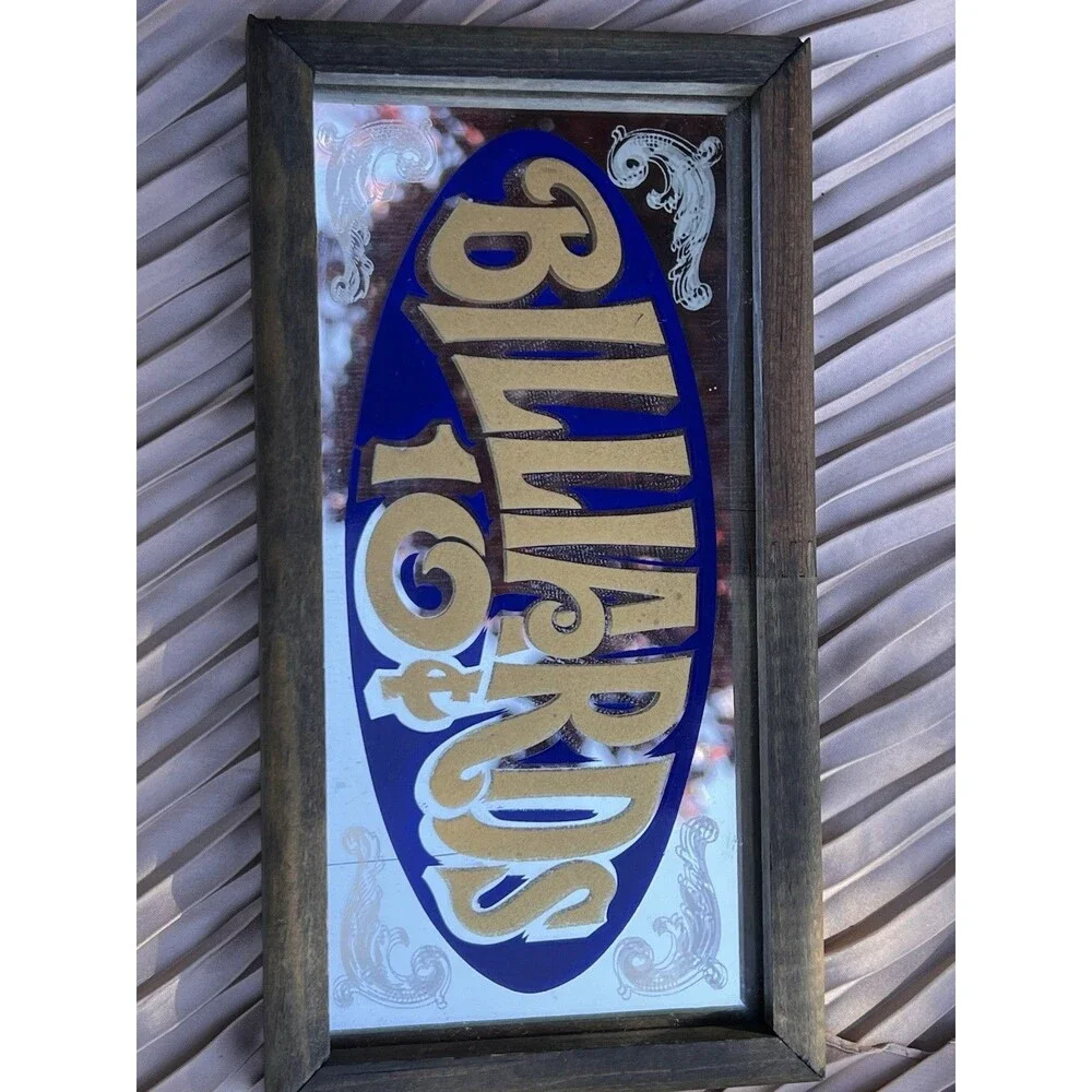 Vintage 1974 Wallace Berrie Billiards Mirror Sign Wood Frame Bar Decor
